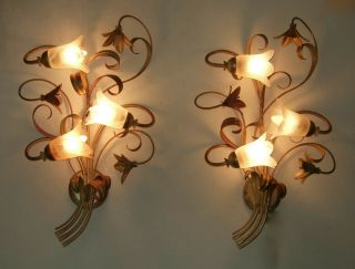 Huge Pair Antique Italian tole ware wall sconces 3 branch with lilies & leaves 4