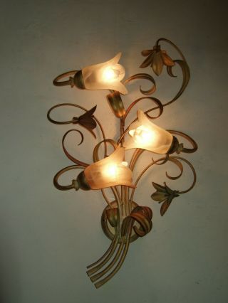 Huge Pair Antique Italian tole ware wall sconces 3 branch with lilies & leaves 5
