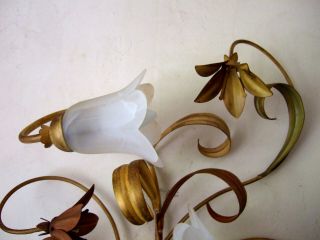 Huge Pair Antique Italian tole ware wall sconces 3 branch with lilies & leaves 7