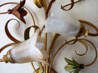 Huge Pair Antique Italian tole ware wall sconces 3 branch with lilies & leaves 8