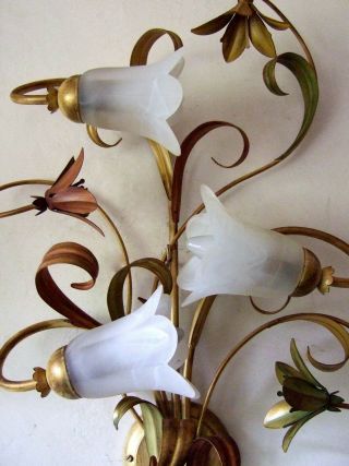 Huge Pair Antique Italian tole ware wall sconces 3 branch with lilies & leaves 9