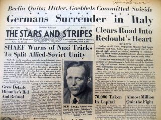 1945 Stars & Stripes Ww Ii Newspaper Nazi Leader Adolph Hitler Dead From Suicide