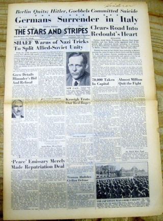 1945 Stars & Stripes WW II newspaper Nazi leader ADOLPH HITLER DEAD from SUICIDE 2