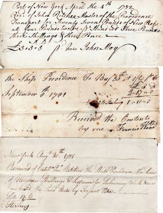 1781,  British Transport,  Hms Providence,  York,  Invoices Of Goods