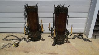 Large Mica and iron Hall Lamps antique Arts and Craft or mission style 2