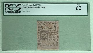 1777 5d Connecticut Colonial Currency Uncancelled Pcgs 62 Uncirulated Rare