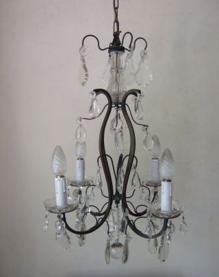Classic Antique French Bronze With Crystal Drops 4 Branch Chandelier 1900
