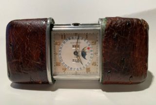 Rare 1950s Steel & Crocodile Movado " Calendermeto " Moon Phase Travel Clock
