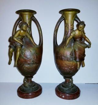 French Spelter/bronze Urn Vase Set F Moreau Marble Signed Antique Boy/girl Large