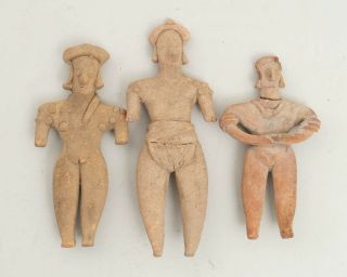 3 Small Colima Pre - Columbian Clay Figures Terra Cotta Human Effigy 5.  5 " - 7.  25 "