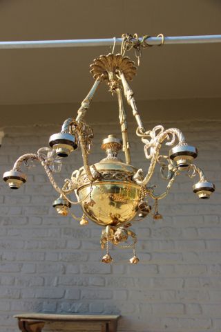 Huge Bronze Brass Putti angel chandelier pendant French 1960 gold flower drops 2