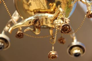 Huge Bronze Brass Putti angel chandelier pendant French 1960 gold flower drops 4