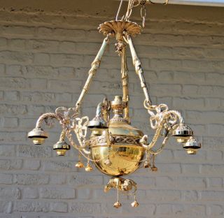 Huge Bronze Brass Putti angel chandelier pendant French 1960 gold flower drops 5