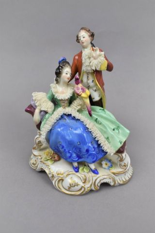 Volkstedt Muller Dresden Porcelain Lace Figurine Man & Woman Bird Signed