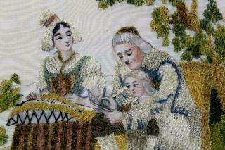 A RARE 18TH C NEEDLEWORK - STUMPWORK PICTURE OF FAMILY GREAT COLORS & 10
