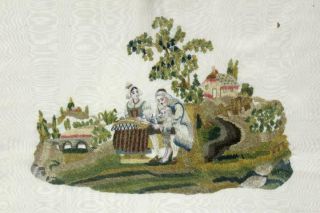 A RARE 18TH C NEEDLEWORK - STUMPWORK PICTURE OF FAMILY GREAT COLORS & 3