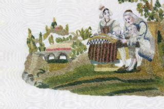 A RARE 18TH C NEEDLEWORK - STUMPWORK PICTURE OF FAMILY GREAT COLORS & 4