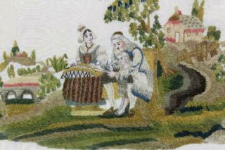 A RARE 18TH C NEEDLEWORK - STUMPWORK PICTURE OF FAMILY GREAT COLORS & 5