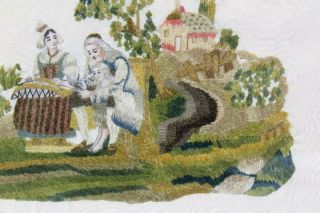 A RARE 18TH C NEEDLEWORK - STUMPWORK PICTURE OF FAMILY GREAT COLORS & 6