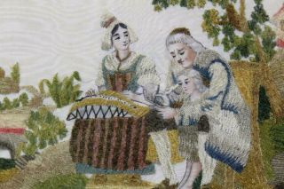 A RARE 18TH C NEEDLEWORK - STUMPWORK PICTURE OF FAMILY GREAT COLORS & 8