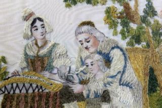 A RARE 18TH C NEEDLEWORK - STUMPWORK PICTURE OF FAMILY GREAT COLORS & 9