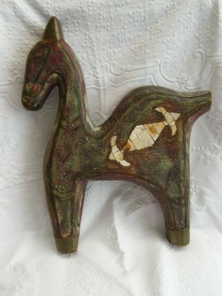 Antique - Native American Carved Wood/brass Mounted/inlaid Horse Statue - C1910