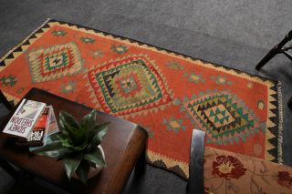 Unique Hand Knotted Wool Orange & Green Geometric Antique Kilim Carpet Rug 4x7 10