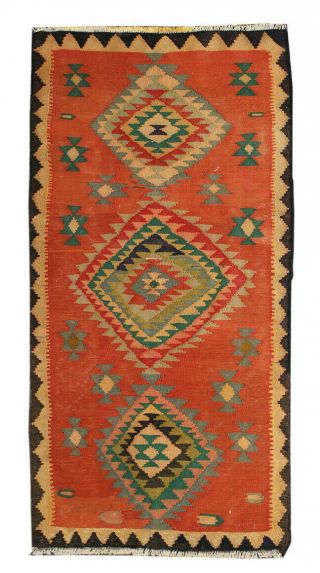 Unique Hand Knotted Wool Orange & Green Geometric Antique Kilim Carpet Rug 4x7