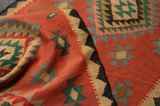 Unique Hand Knotted Wool Orange & Green Geometric Antique Kilim Carpet Rug 4x7 2