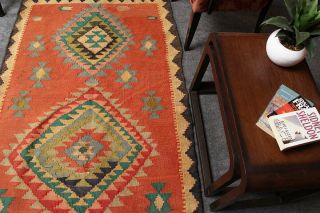 Unique Hand Knotted Wool Orange & Green Geometric Antique Kilim Carpet Rug 4x7 3