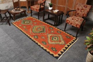 Unique Hand Knotted Wool Orange & Green Geometric Antique Kilim Carpet Rug 4x7 4