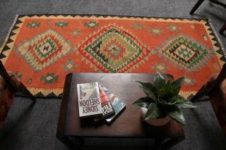 Unique Hand Knotted Wool Orange & Green Geometric Antique Kilim Carpet Rug 4x7 5