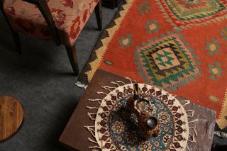 Unique Hand Knotted Wool Orange & Green Geometric Antique Kilim Carpet Rug 4x7 7