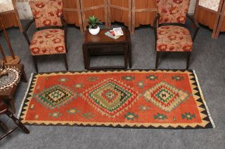 Unique Hand Knotted Wool Orange & Green Geometric Antique Kilim Carpet Rug 4x7 8
