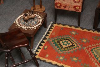 Unique Hand Knotted Wool Orange & Green Geometric Antique Kilim Carpet Rug 4x7 9