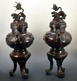 Fabulous Antique Asian Bronze Covered Censers/Vases/Urns - Great Patina 3