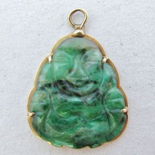 Vintage Chinese 14k Yellow Gold & Green Jadeite Jade Buddha Pendant (1.  325 ")