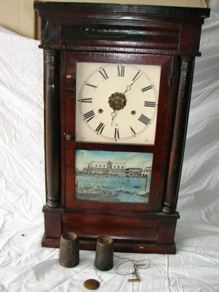 Vintage Seth Thomas Wall Clock Weights & Windup Key Glass Door Wood Case Parts
