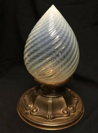 Antique Blue Phoenix Opalescent Swirl Glass Shade And Brass Ceiling Cover