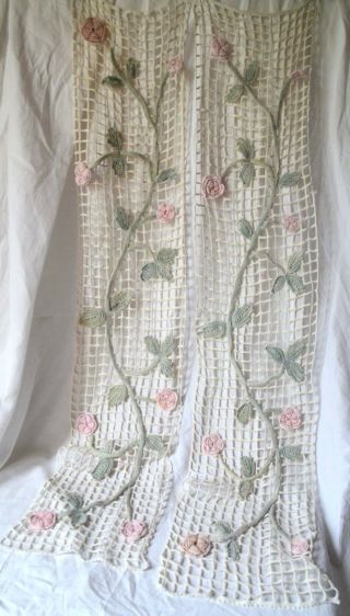 A Pair Antique French Pure Cotton Neede Lace Curtains,  Coloured Appliqué Flowers