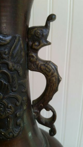 SIGNED ANTIQUE BRONZE ASIAN CHINESE BIRD SERPENT ELEPHANT FLORAL VASE 9
