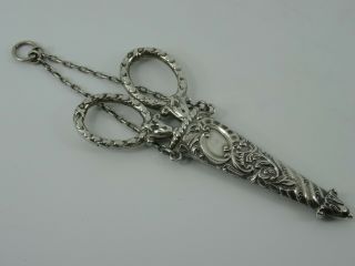 Lovely English Solid Sterling Silver Sewing Chatelaine Scissors Case Birm 1888