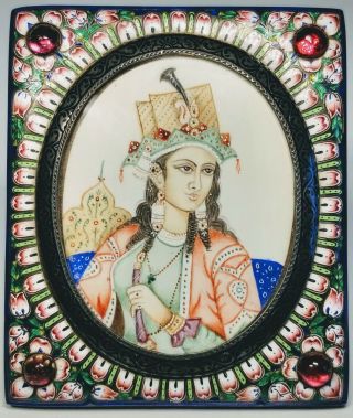 19th Century Antique India Jeweled Hand - Painted Enamel On Silver Portrait Frame