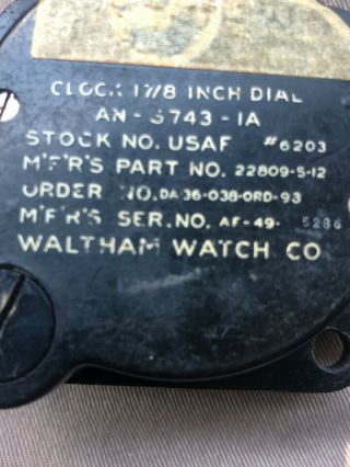 ca 1951 USAF Waltham 8 Days Aircraft Clock; 1 7/8 Dial; AN - 5743 - T - 1A 7