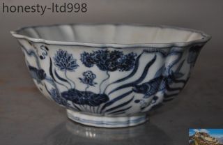 9 " Marked Chinese Blue&white Porcelain Fengshui Lotus Fish Statue Bowl Cup Bowls