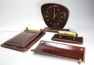 Unique Jacques Adnet Designer Office Set - Leather Desk Clock &more - Art Deco