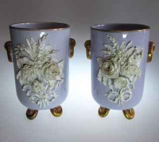 19th C English Porcelain Floral Encrusted Jardiniere Vases Lilac Ground