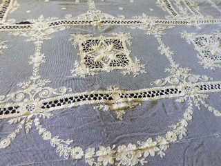 3 Pc Antique French Tambour Lace On Net Fragments 60 " By 40 " 28 " By 8 "