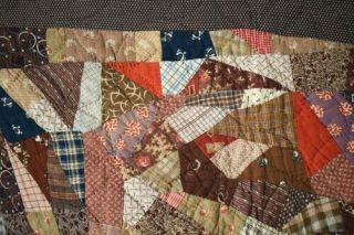 HANDSOME Vintage 1890 ' s Miniature Crazy Crib Quilt Early Brown Fabrics 2