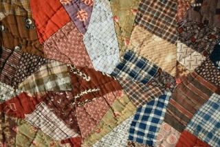 HANDSOME Vintage 1890 ' s Miniature Crazy Crib Quilt Early Brown Fabrics 3